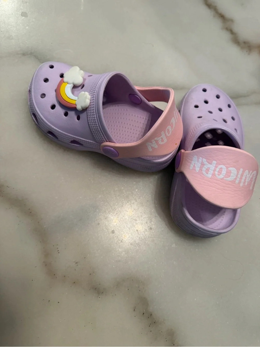 Kids Lavender Clog Sandals with Pink Heel Strap and Rainbow Charm